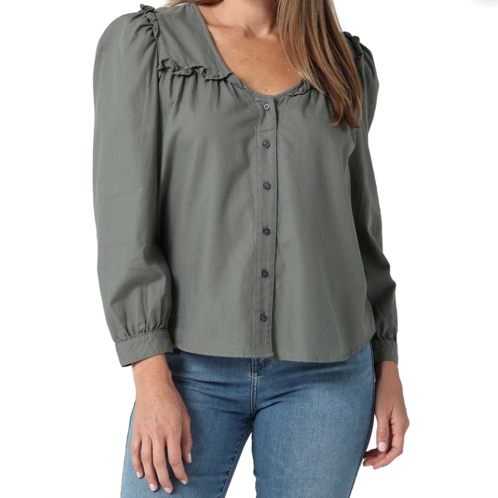Lee Olive Green Ruffle Long Sleeve Blouse Size Large